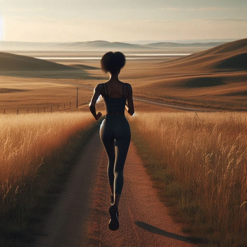 A slim black woman is captured from behind at a far distance, running with confident strides along a.jpeg