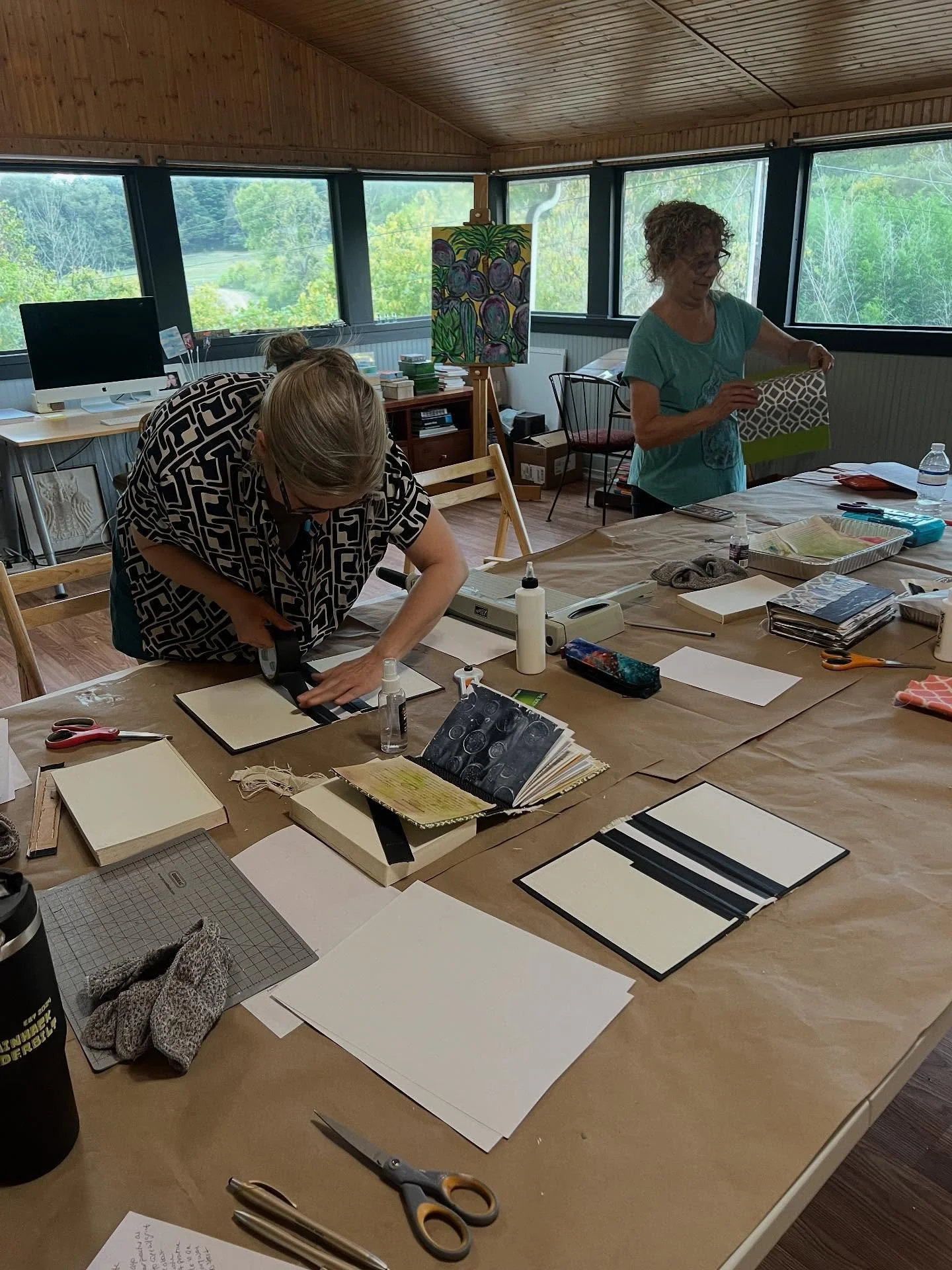Finished up Day One of Artfully Bound: An Art Journal Retreat. Our journal covers are made and we&rsquo;re doing some slow sighting on fabric to add to the outside spine. #artjournals #artjournalretreat @bluespringscreekretreats #michellebukowskiart