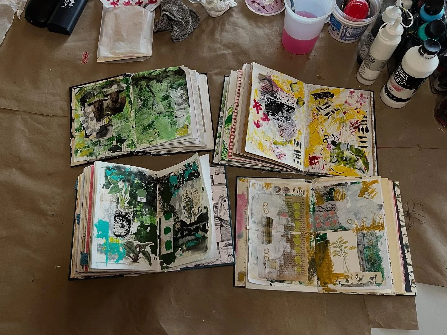 Day three! Completed journals and our first layouts! 
I look forward to leading this retreat every year.  I enjoy sharing the process of making the journal and how one can start a sustainable creative practice using it. 
I also enjoy spending time wi