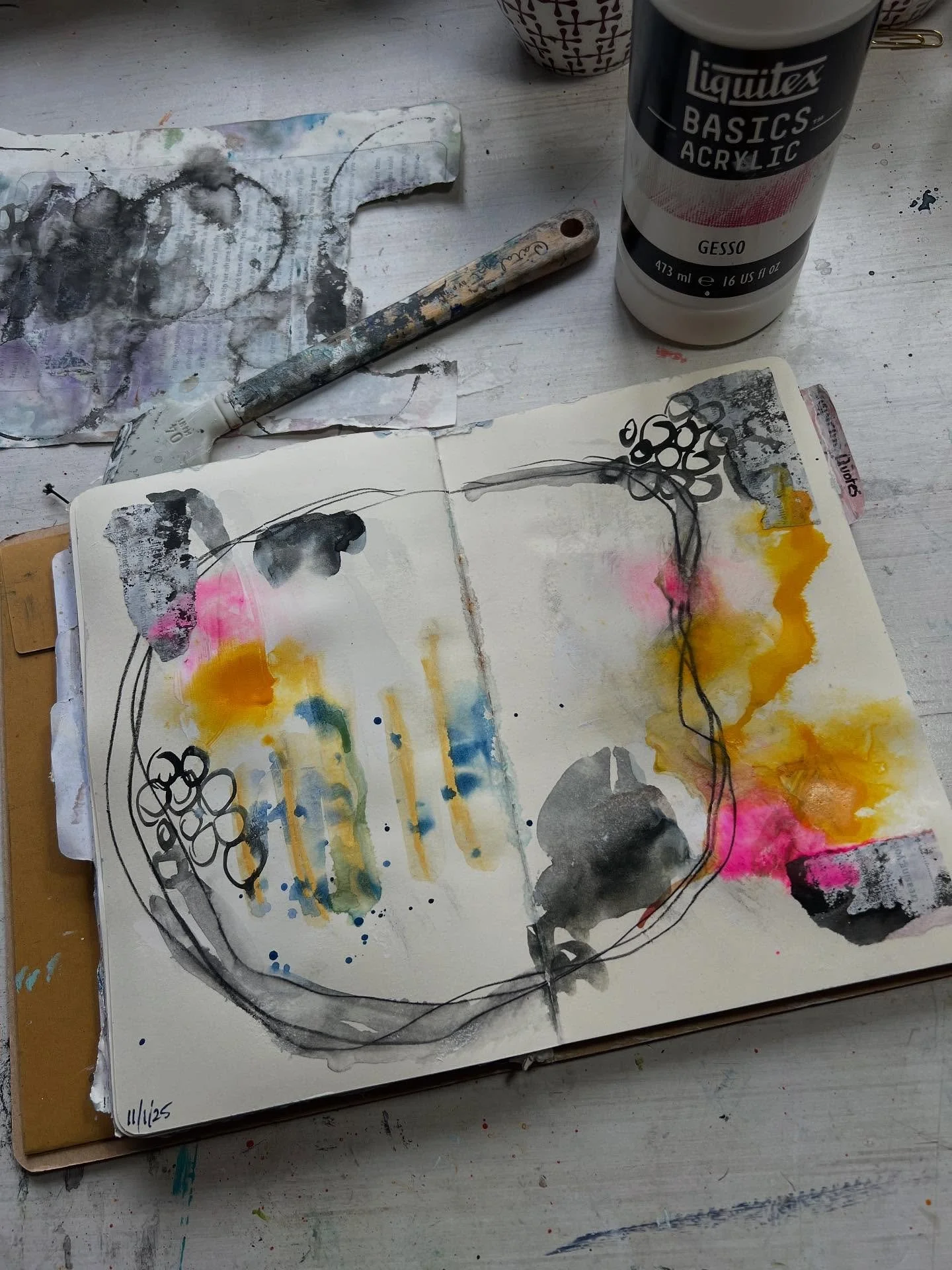 I&rsquo;m always inspired by @alteredstatesstudio so I took a page out of her book (no pun intended) and did a creative warm up in her style.  So much fun! #inspired #creativewarmups #michellebukowskiart