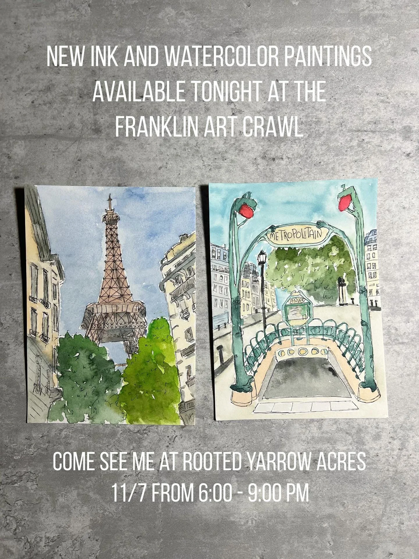 First two ink and water color drawings in my new travel series.  Come see them in person tonight at the @artcrawlfranklin. I&rsquo;ll be in the beautiful @rooted_yarrowacres on Main Street from 6-9pm.  #inkandwatercolor #michellebukowskiart #paris