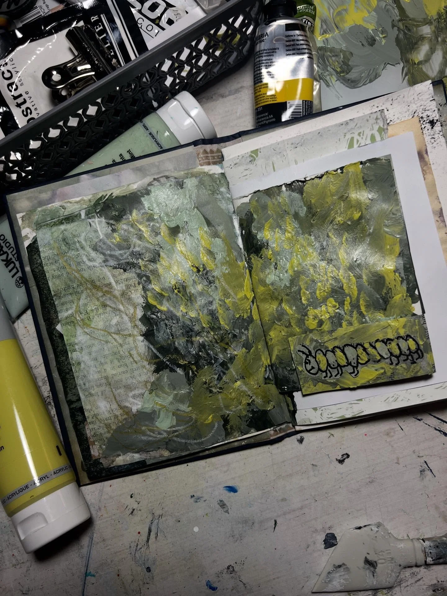 Day Three - Like a tiny caterpillar, we must practice self care to transform.  This was a fun one - just some play with green acrylic paints, some neon watercolors, a woody stabilo and a posca pen. I don&rsquo;t think I&rsquo;ve made a caterpillar si