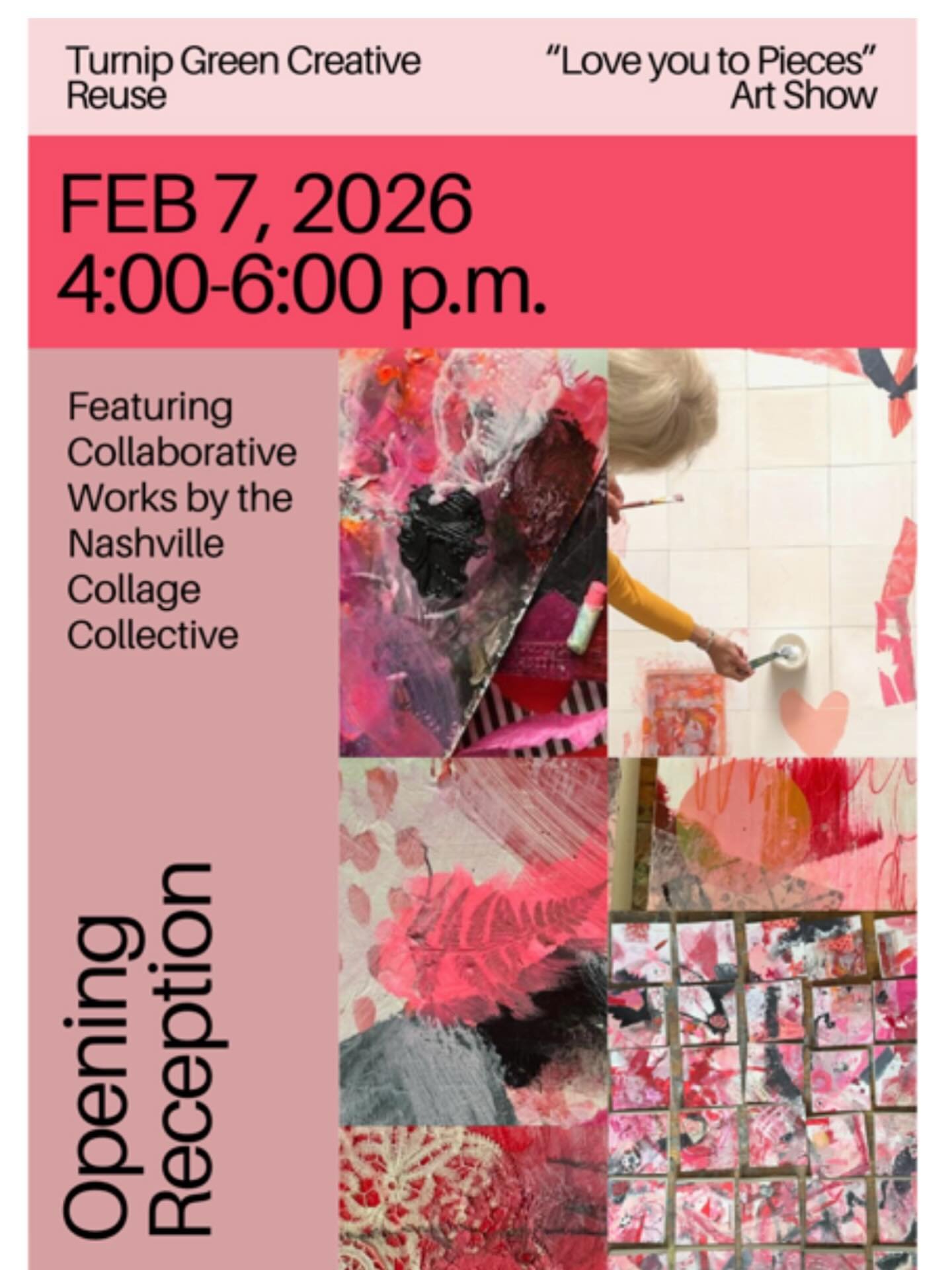 TONIGHT!!!! Show your love for creative reuse and check out our show titled: Love You to Pieces: Collaborative Works by the Nashville Collage Collective.
Features 36 unique mixed media collages on 6x6 panels.
On view Saturday, February 7-Sunday, Marc