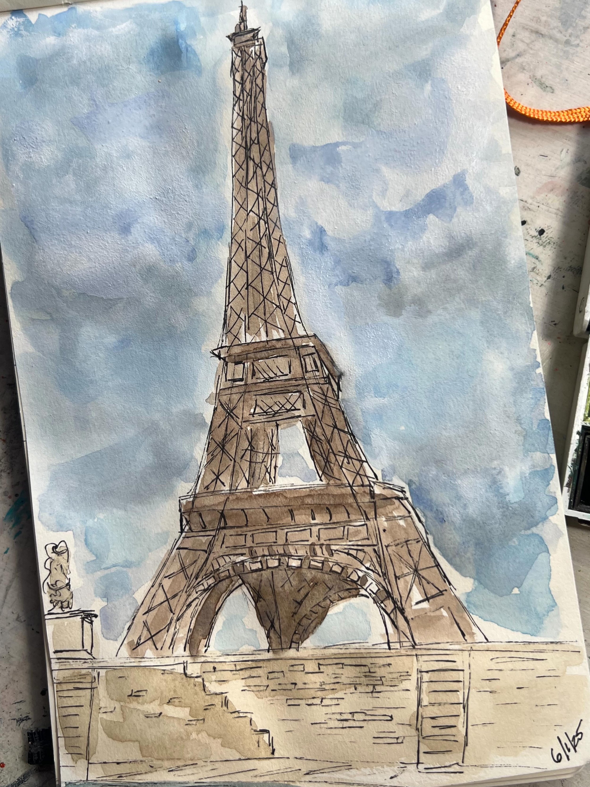 Still working my way through my sketchbook from our European adventure.  I can&rsquo;t believe it&rsquo;s almost been a year! #eiffletower #inkandwatercolor #sketchbook #michellebukowskiart