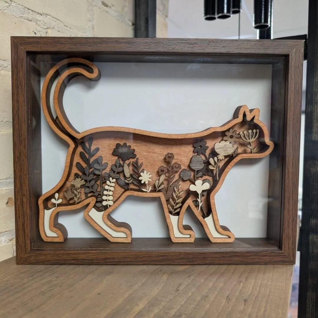 Floral Feline Basswood Layered Art in Shadow Box