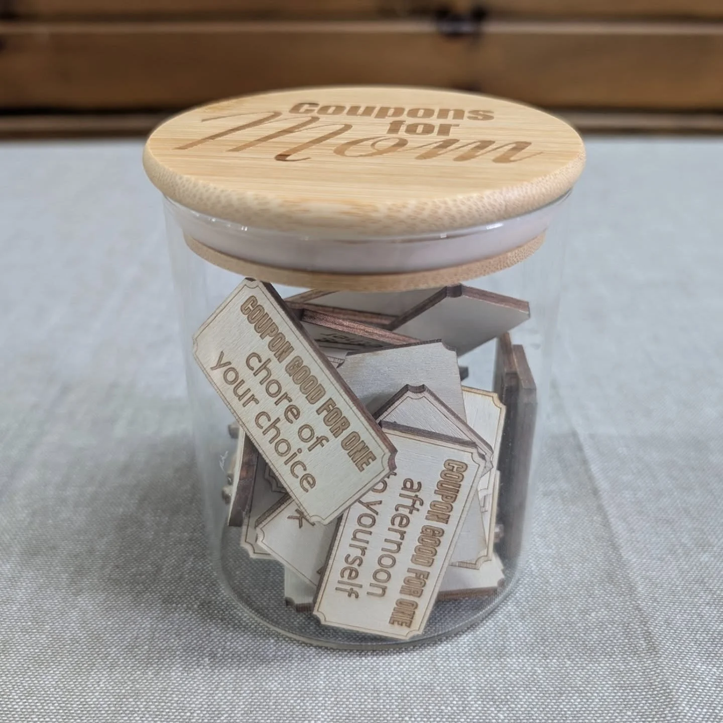 Coupons for Mom - Glass Jar with Bamboo Top and Wooden Coupons
