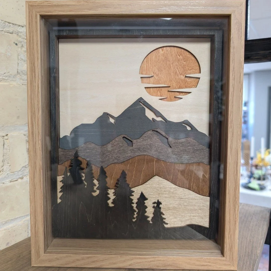 Layered Basswood Mountain Range Art in Shadow Box