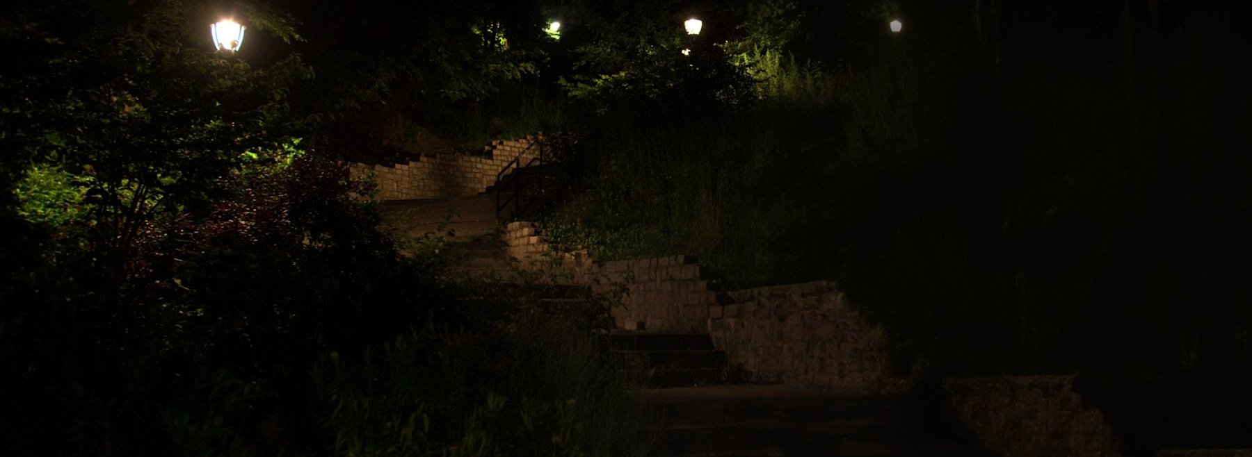 Quietly short film still — Kai Wen Hu - Nighttime outdoor scene of stone stairs illuminated by streetlights surrounded by trees and bushes.