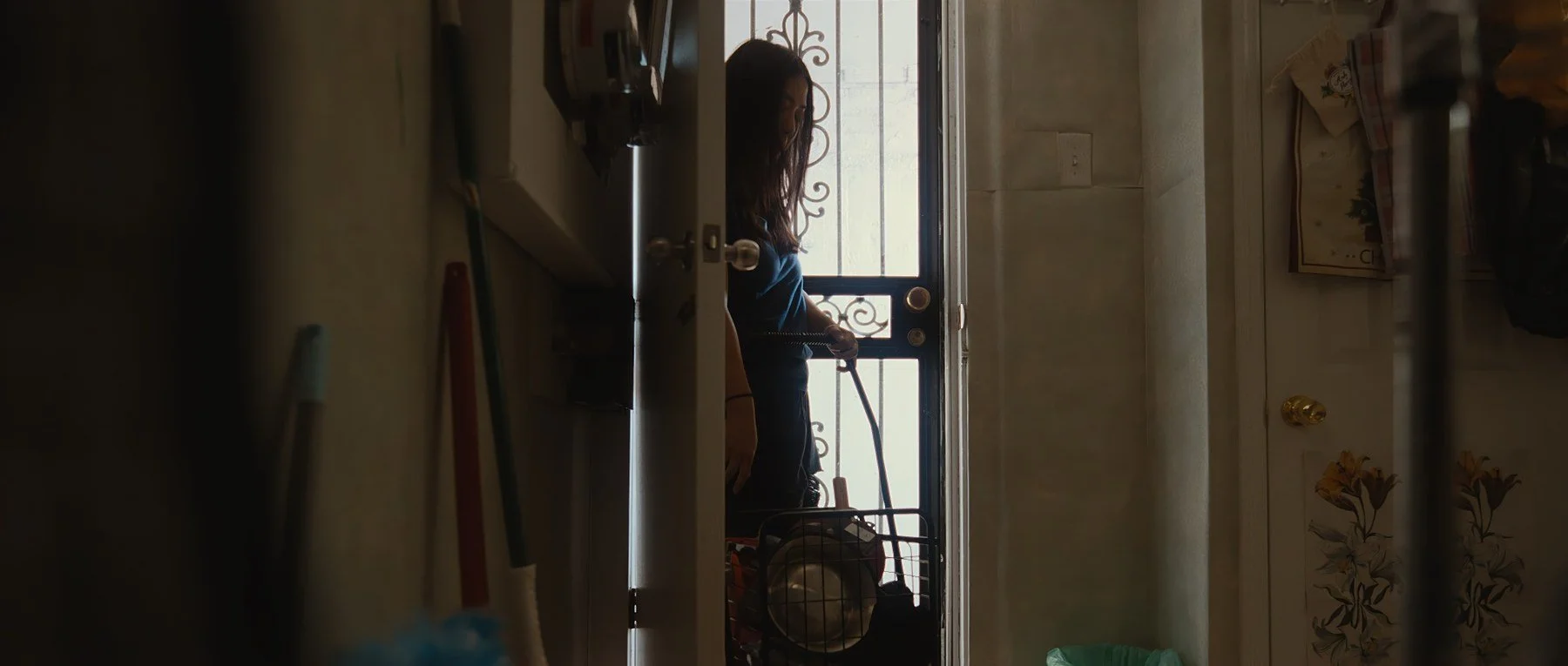 Pedigree short film still — Kai Wen Hu - Squid has a moment of reflection at the door of their basement home.