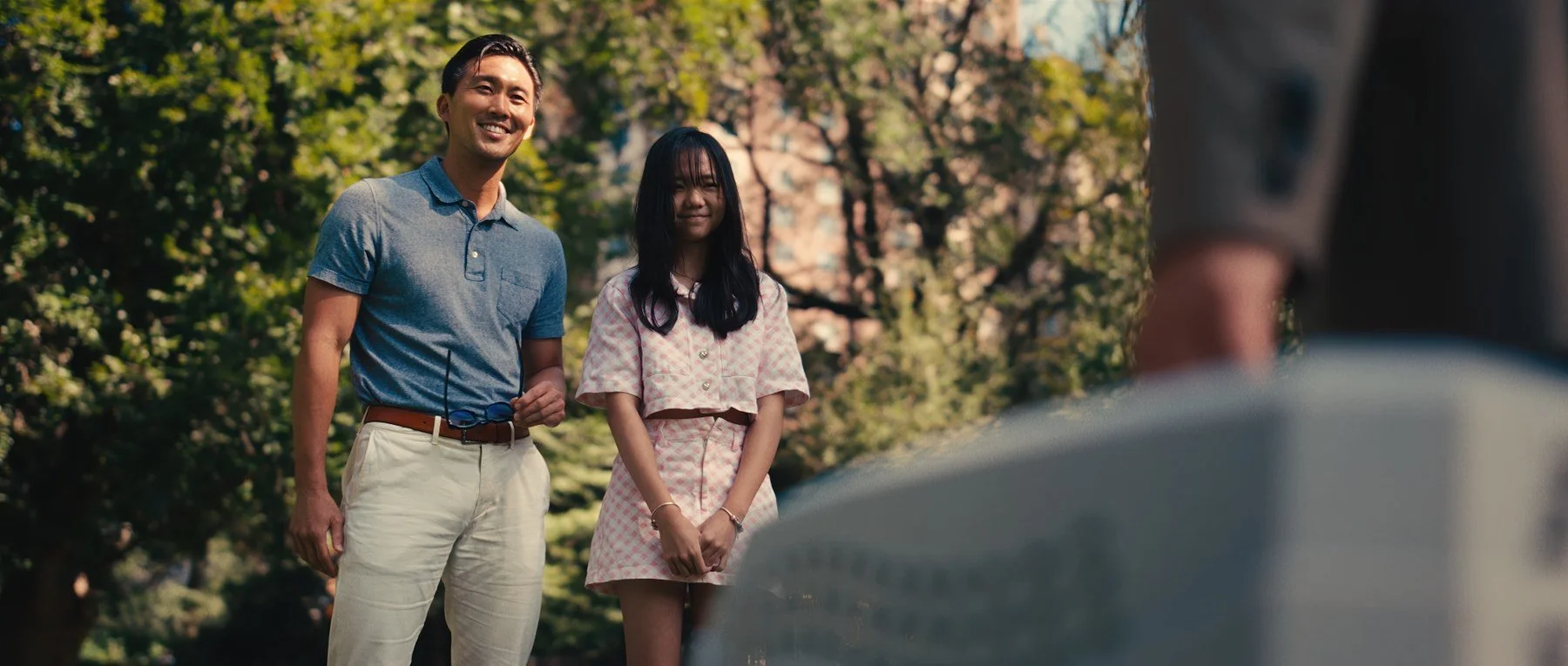 Pedigree short film still — Kai Wen Hu - Silas and Fawn Yoon arrive to meet Samuel in the park.