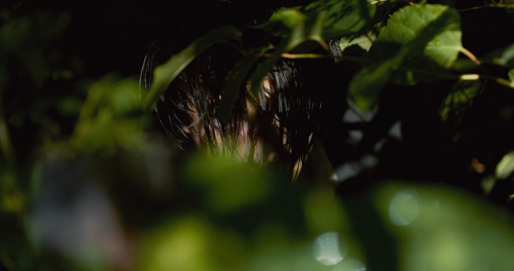 Bloodworm short film still — Kai Wen Hu - The Drifter peeks out from dense green foliage while hiding from his pursuers.