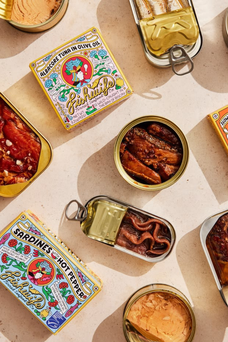 Open and closed tins of Fishwife tinned fish and conservas