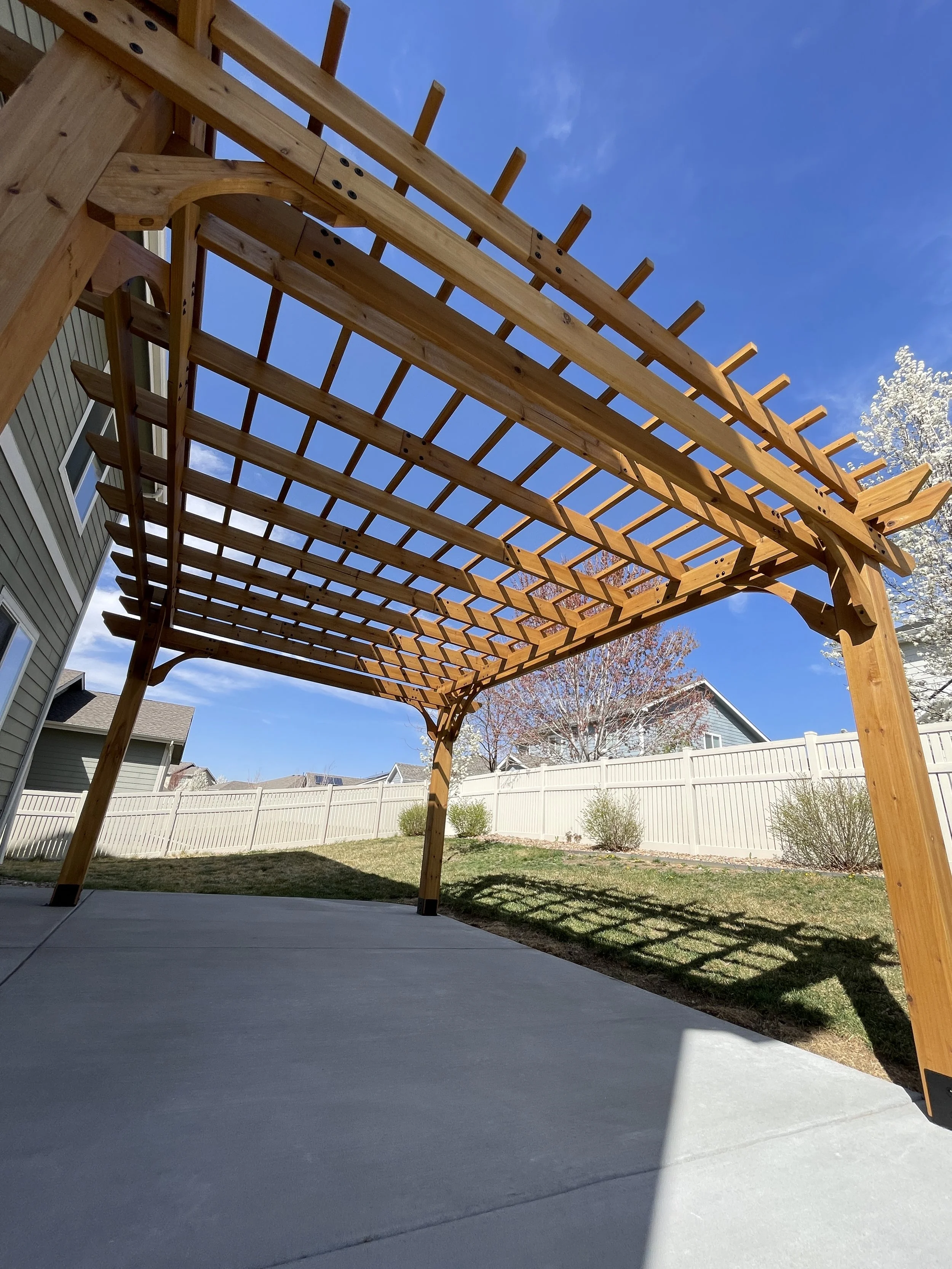 A wooden pergola structure with lattice roof over a concrete patio, in a backyard with grass, a white fence, and neighboring houses under a clear blue sky.