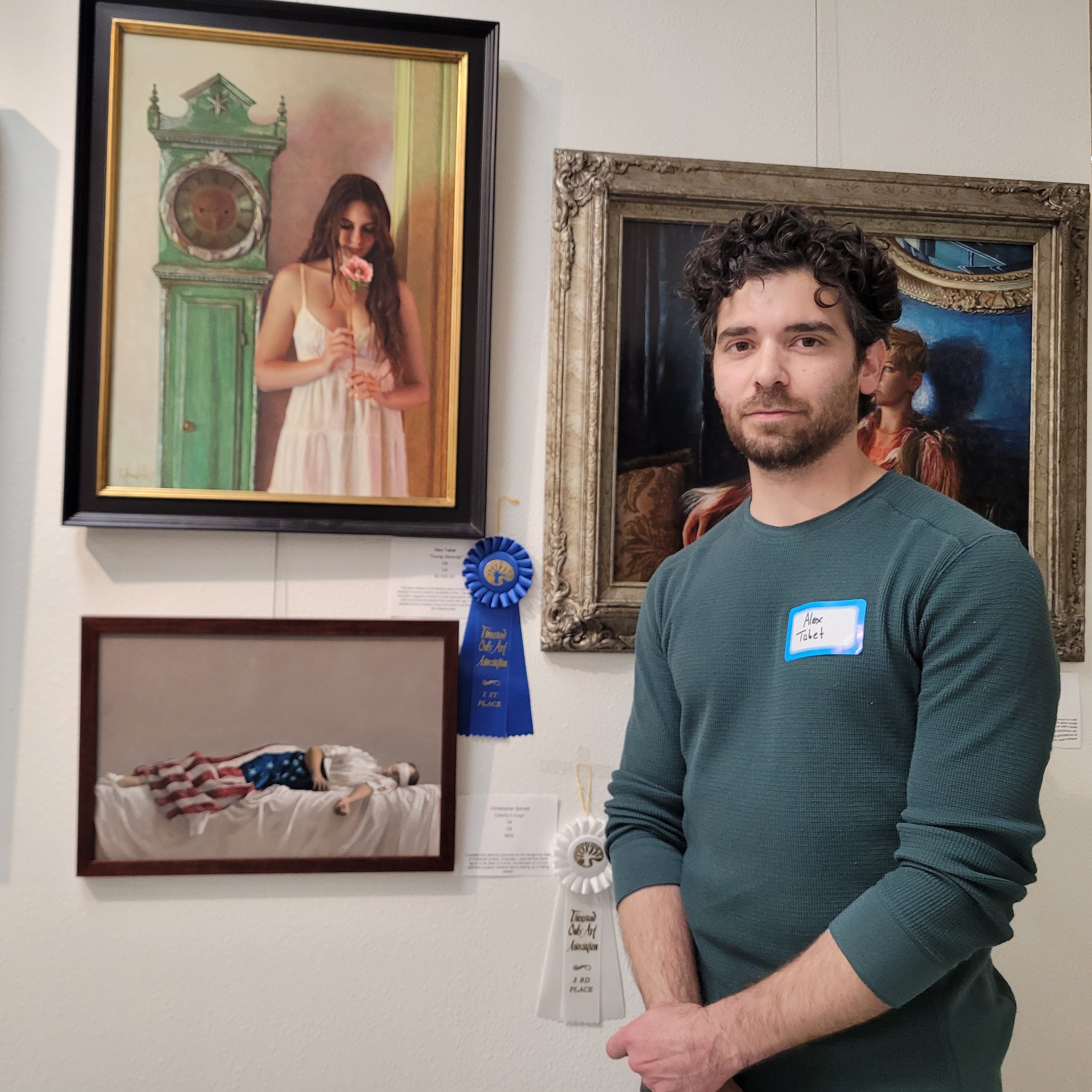 Standing beside my painting, "Young Serenity," after having won "1st Place in Painting" at the Thousand Oaks Art Association Open Juried Show