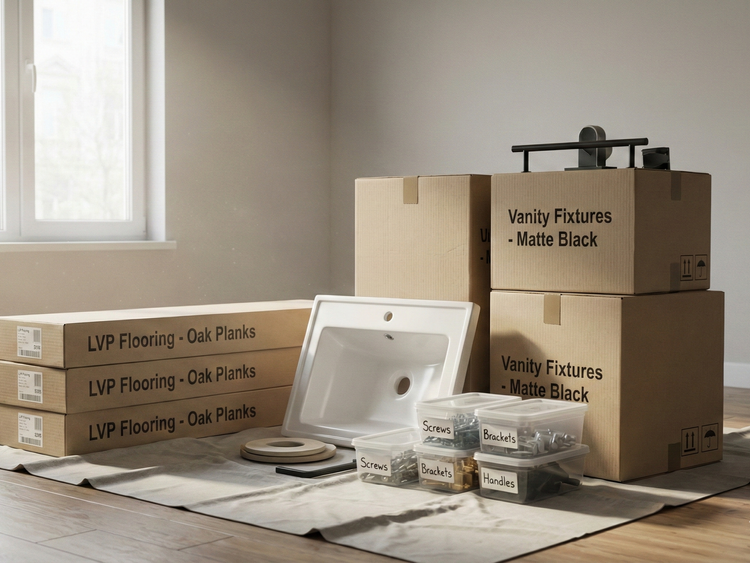 Pre-staged renovation materials prepared on-site before construction begins