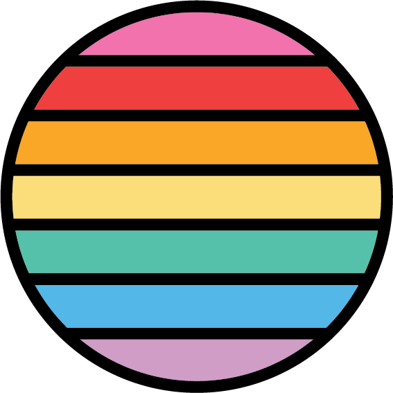 Colorful striped circle with pink, red, orange, yellow, light yellow, teal, blue, and violet stripes on a black background.