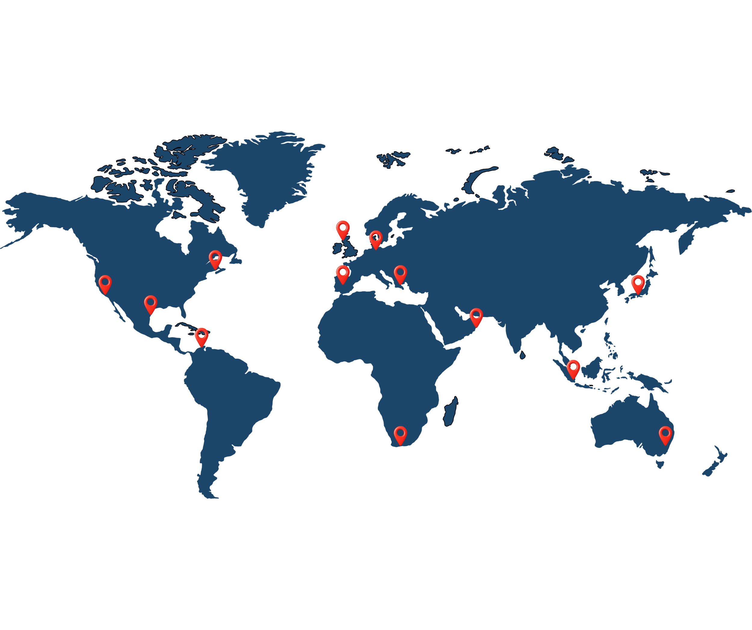 World map with red location markers indicating various cities around the globe.