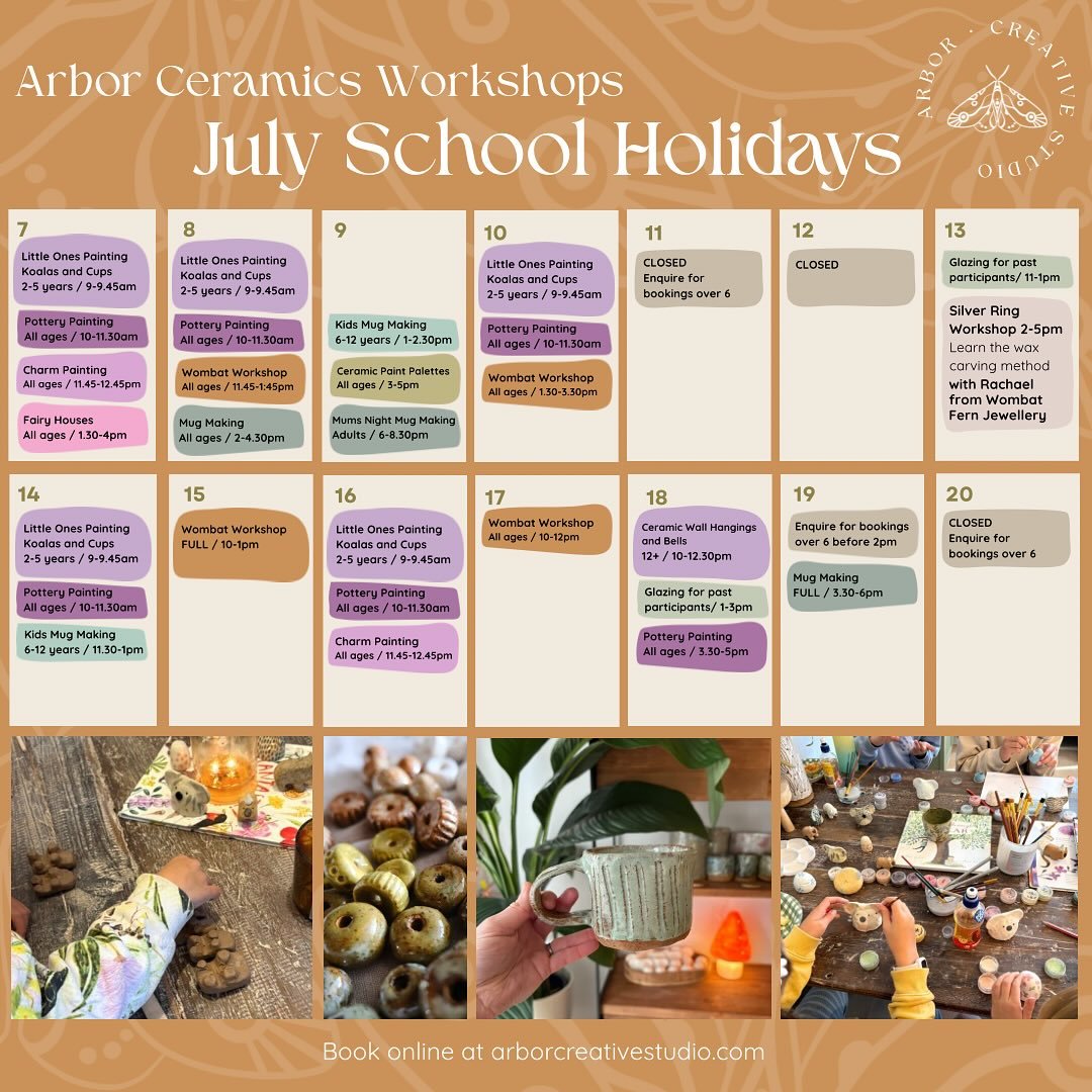July School Holiday Workshops are now available to book 🎨✨

Lots of painting, wombats and mugs, with a few special extras in there too.

#schoolholidays #melbournekids #whatsonmelbourne 
#yarraranges #yarravalley #melbourneschoolholidays #ceramicswo