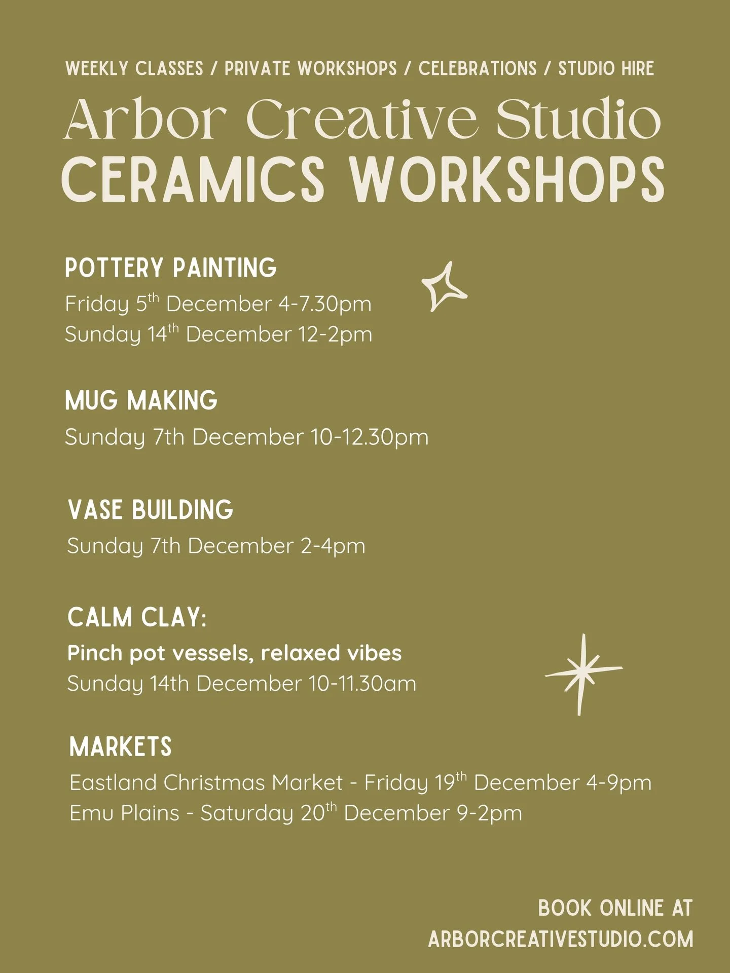 Last classes and markets for 2025!

December is the best time of year to support your local artists and small businesses ❣️

Today marks 1 year since I got the keys to Arbor, and I can&rsquo;t believe how quickly it&rsquo;s gone and how busy it has b