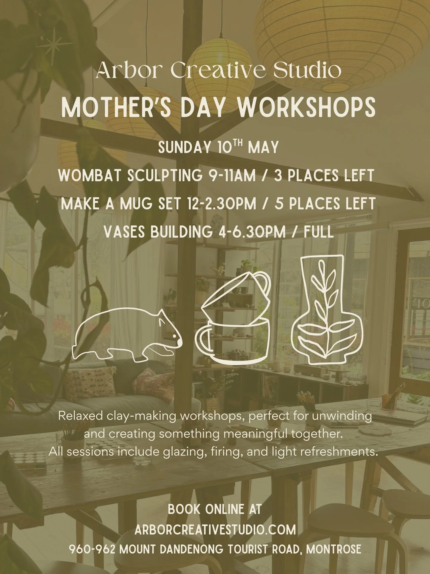 An update for Mother&rsquo;s Day Workshops:
I have had 3 spaces open up for Wombat Making in the morning, and only 5 places left for Mug Making - don&rsquo;t miss out!
