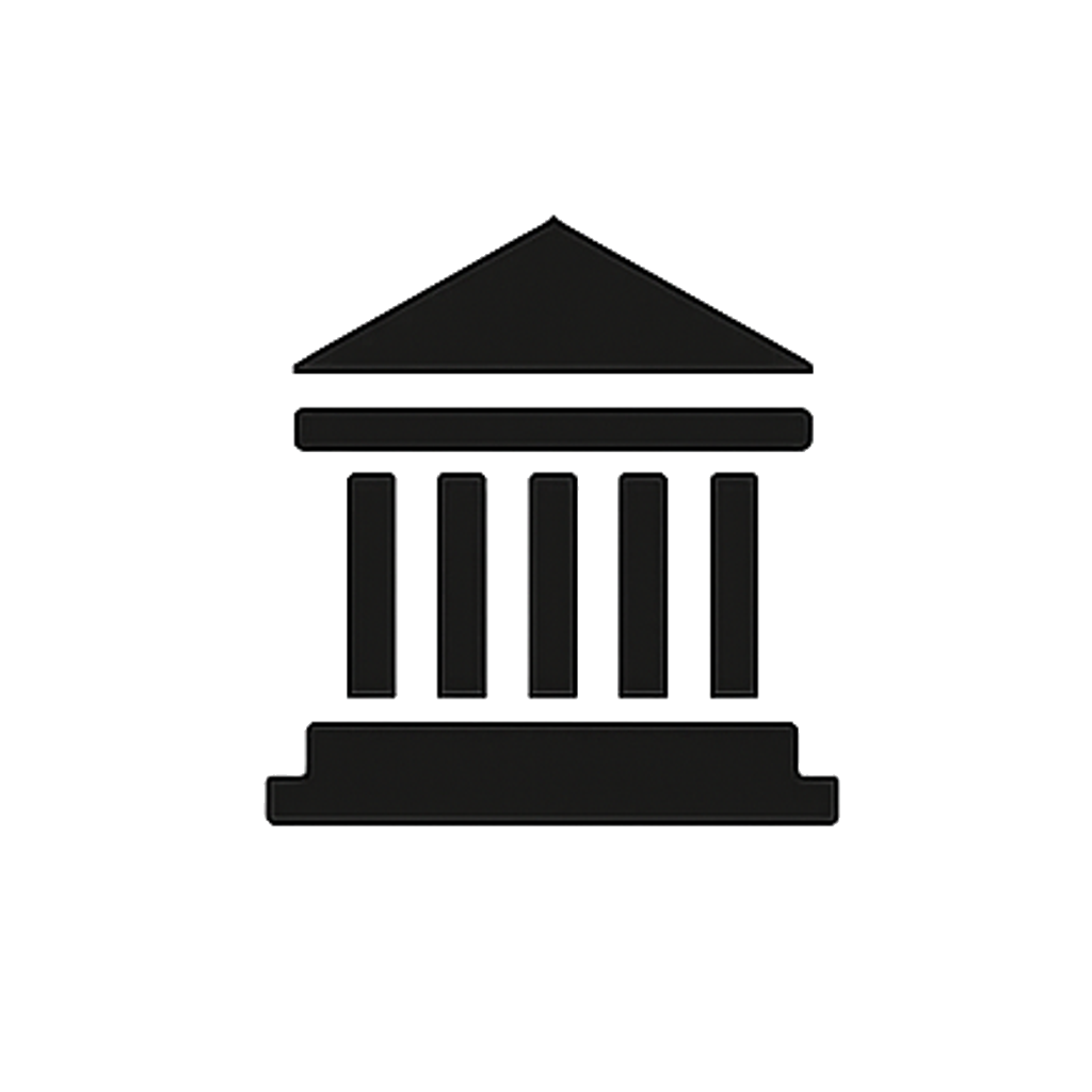 Outline of a classical building with columns and triangular pediment, styled as a government or institutional structure, with black and gray coloring.