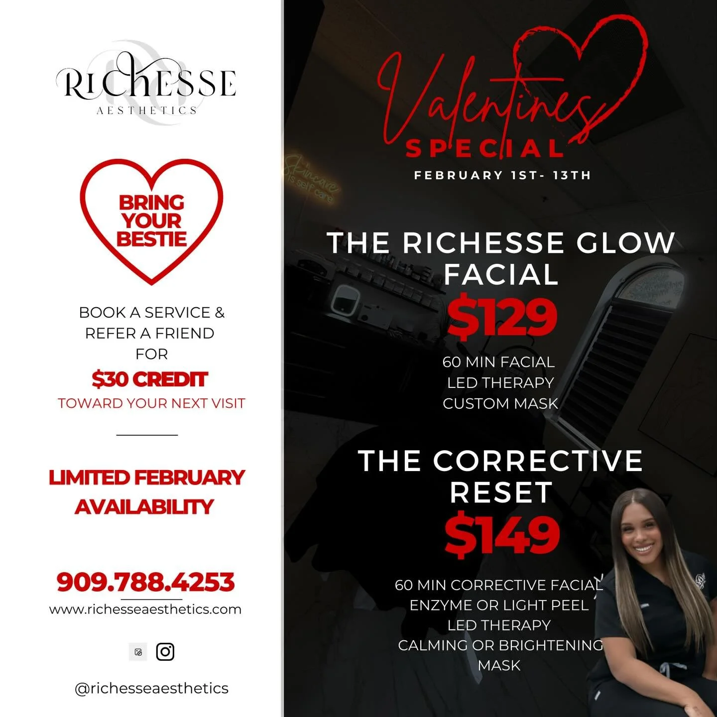 February is for intentional glow ✨

Introducing The Richesse Glow, our signature facial designed to restore radiance, strengthen the skin barrier, and leave you luminous without compromise.

Valentine&rsquo;s Specials are live for a limited time 🤍
S