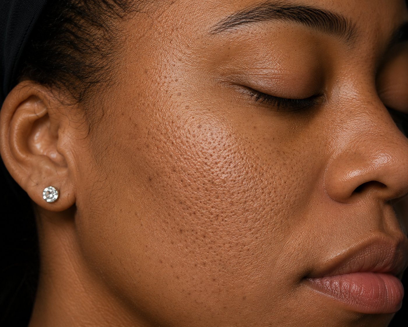 Melanin-rich skin showing visible pores and uneven skin texture