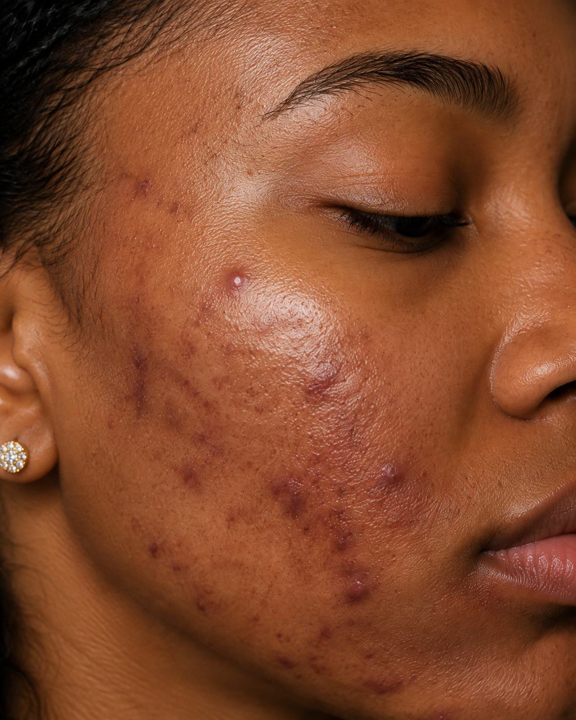 Melanin-rich skin with active acne and post-inflammatory hyperpigmentation