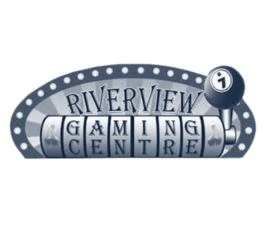 Logo for Riverview Gaming Centre with a billiard ball and a slot machine reel