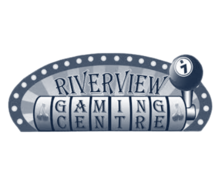 Logo for Riverview Gaming Centre with a billiard ball and a slot machine reel