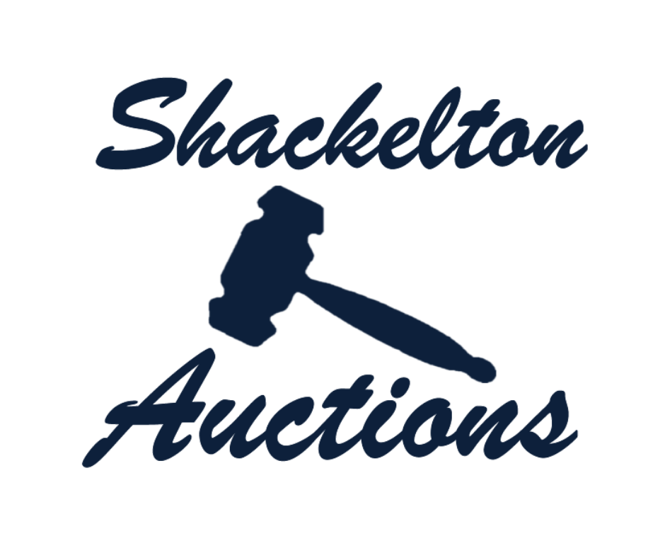 Logo for Shackleton Auctions featuring the company name in stylized text and an icon of a gavel.