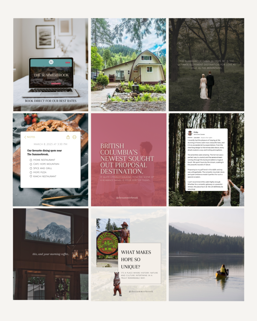A collage of nine pictures depicting a travel and nature theme, including a house, a wedding couple walking in a forest, a laptop on a bed, a note entry, a promotional poster, a mountain view through a window, and a person kayaking on a lake.