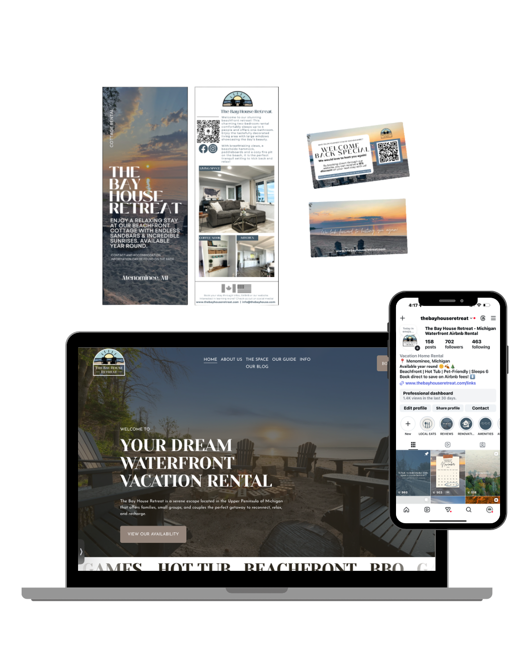 Multiple screens displaying marketing materials and social media profiles for 'The Bay House Retreat,' a waterfront vacation rental in Michigan, with images of sunset, interior rooms, and outdoor seating.