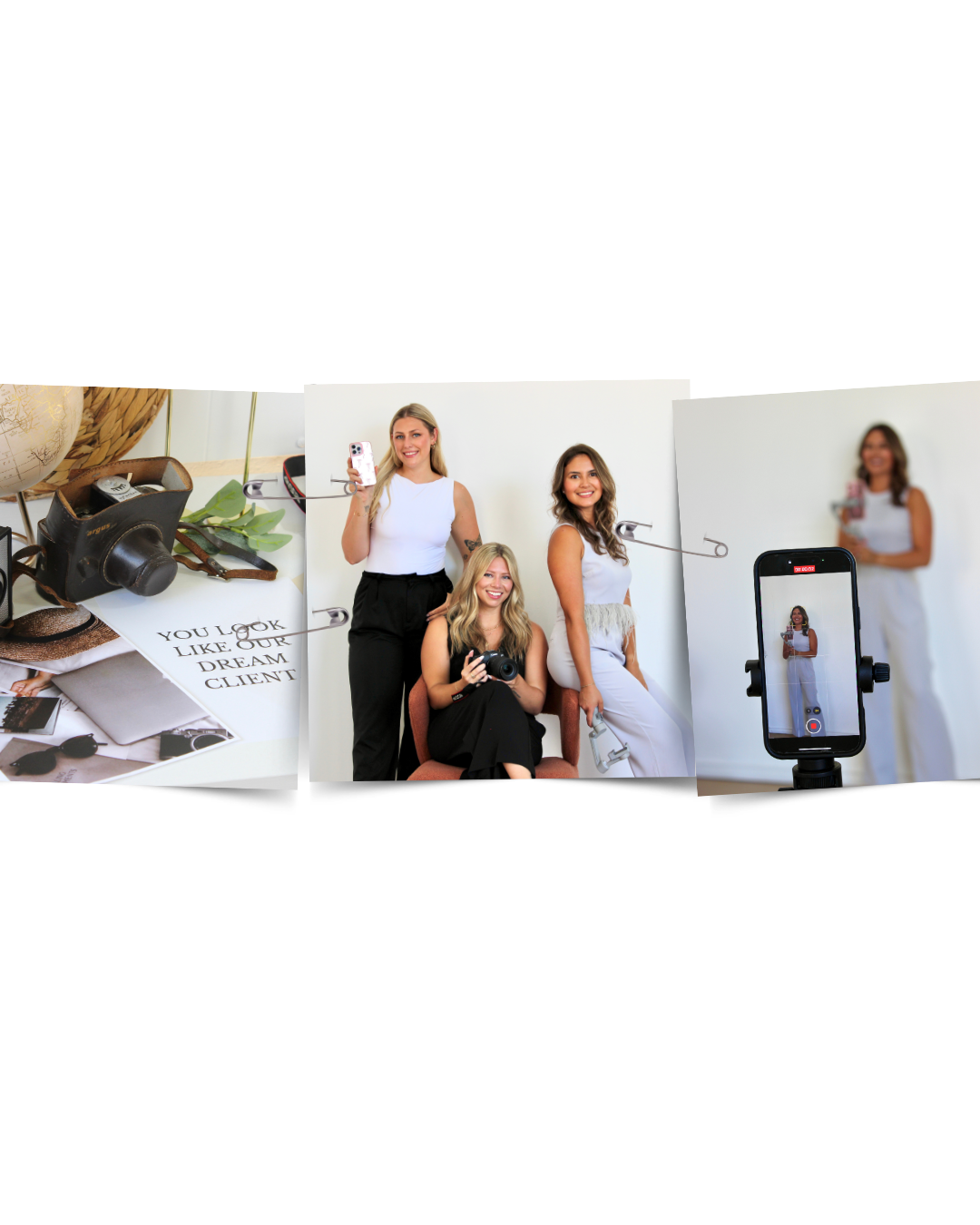 Three women at a photo shoot, one sitting with a camera, two standing, in front of a white backdrop, with a smartphone on a tripod capturing their images. A table nearby has camera accessories and a note that says 'You look like our dream client.'