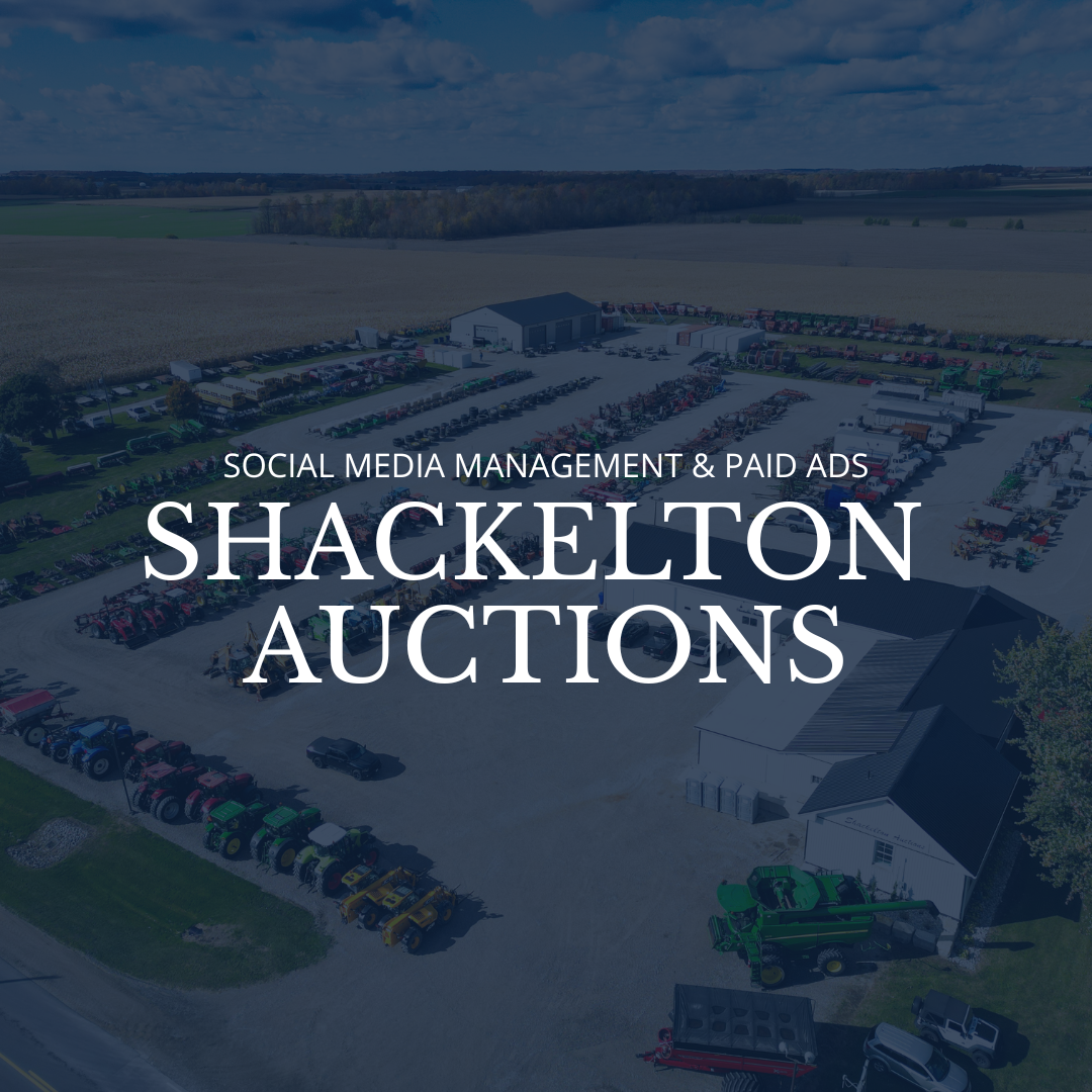 Aerial view of an outdoor auction lot filled with various vehicles and equipment, with a large building and fields in the background, overlaid with text about social media management, paid ads, and Shackelton Auctions.