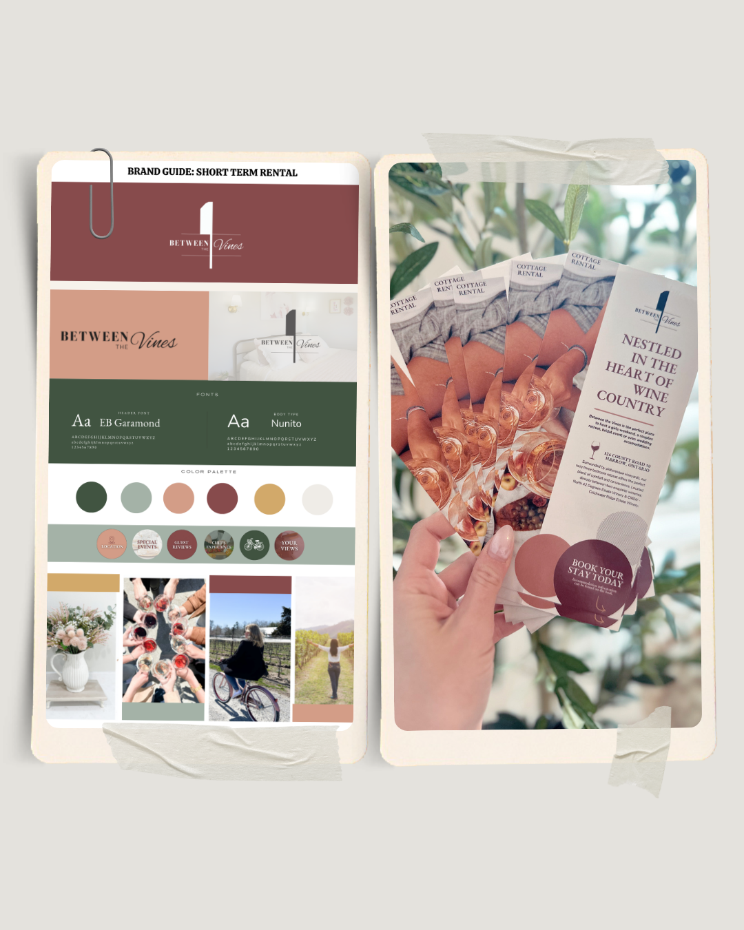 Two paper flyers for a short-term rental brand called 'Between the Vines.' The left flyer features branding elements, color palette, fonts, and sample images. The right flyer promotes wine tasting experiences with a hand holding several flyers, showing drinks and vineyard scenery.
