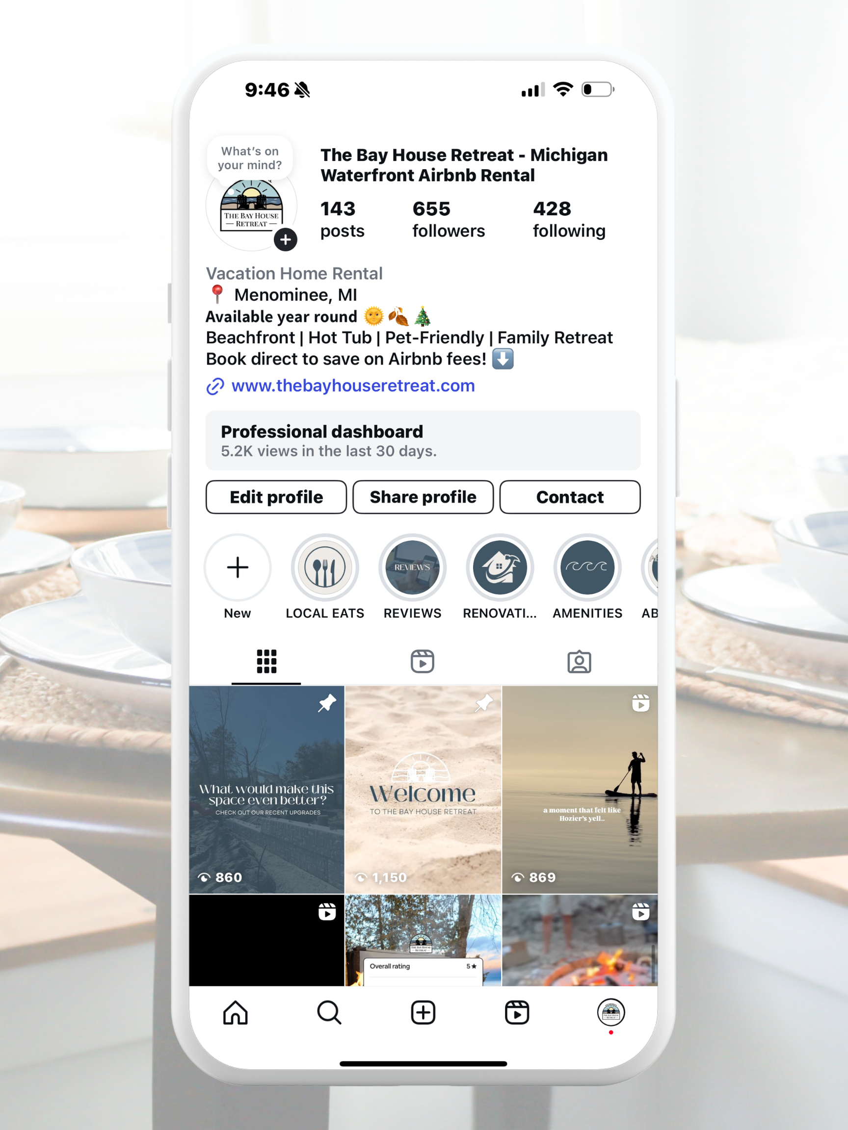 Instagram profile of The Bay House Retreat, a vacation rental in Menominee, Michigan, featuring a profile picture, bio, and recent posts showcasing beachfront views, sunsets, and outdoor activities.