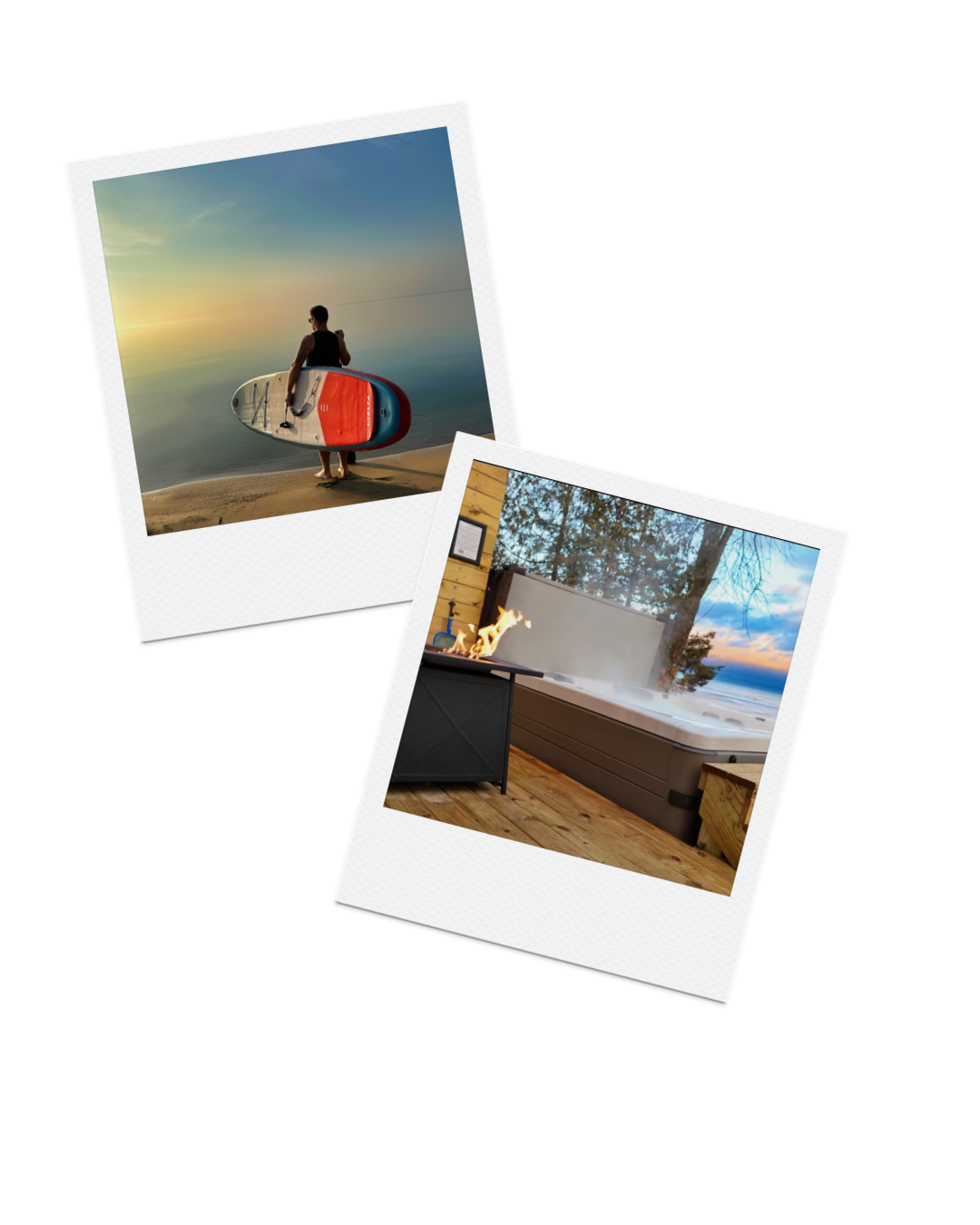 A person holding a paddleboard on a sandy beach during sunset, and an indoor hot tub overlooking a wooded area and a lake at sunset.