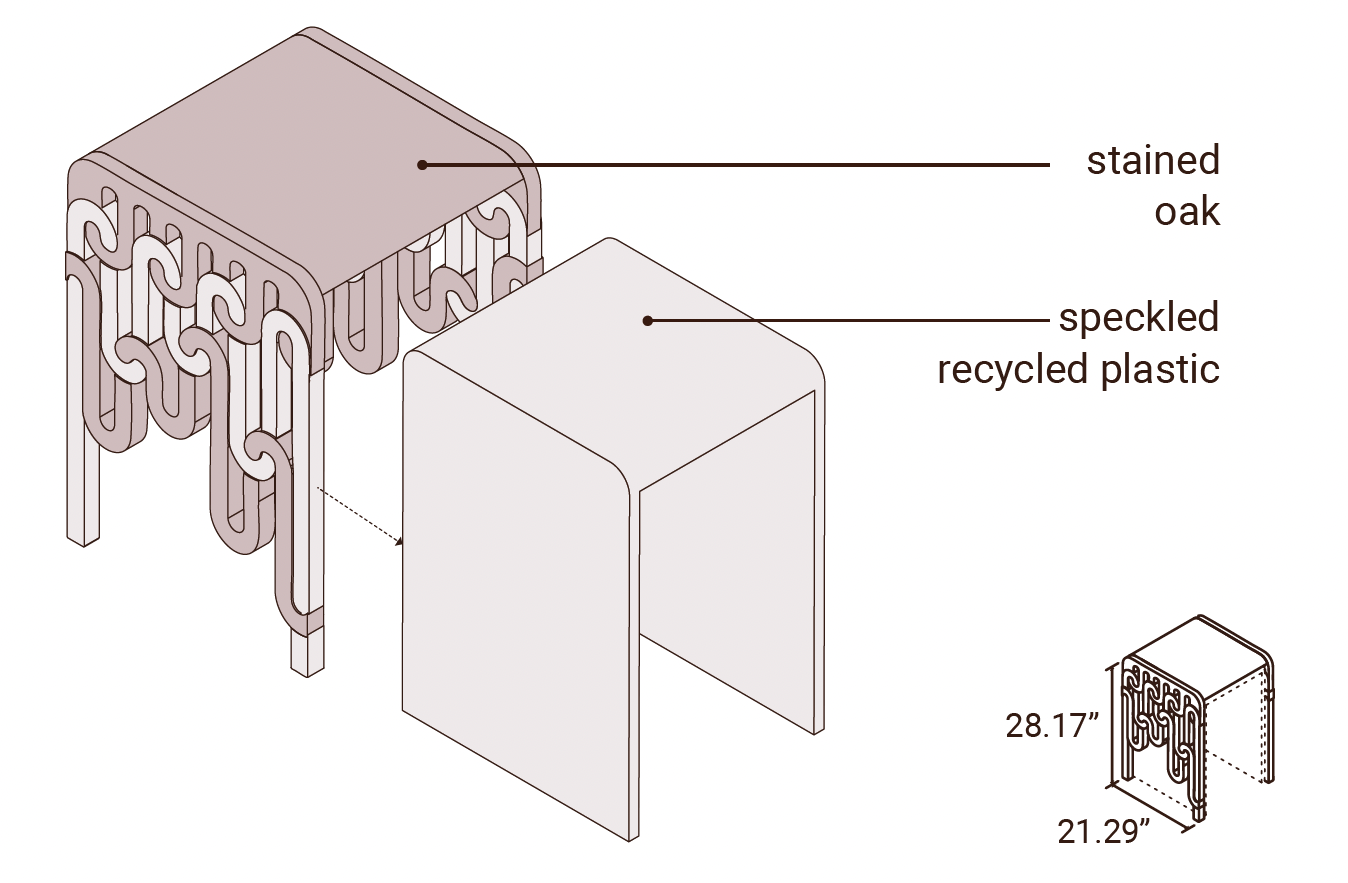 Decorative side table with recycled plastic simple pull out for extra surface or seating