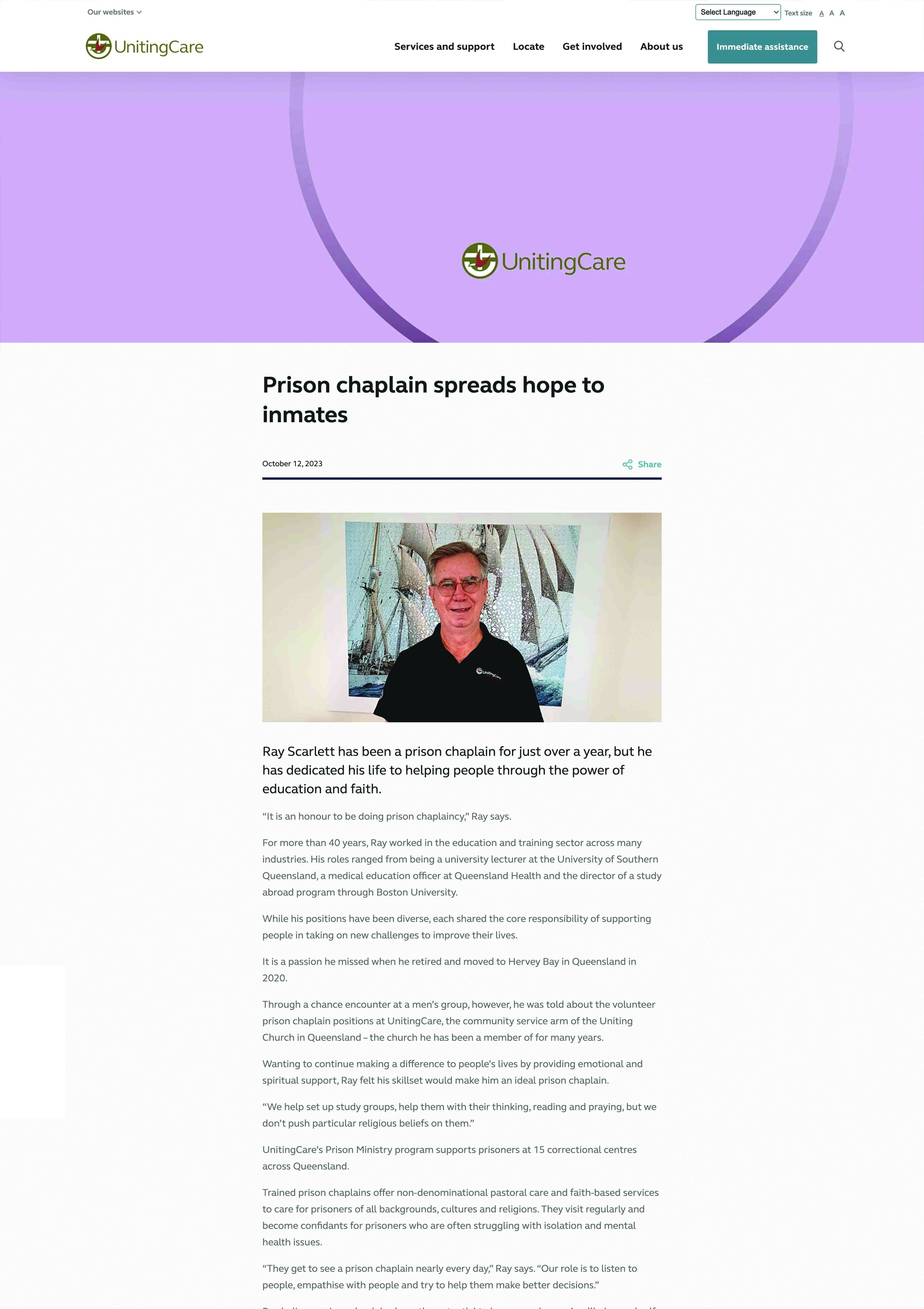 Screenshot of article written for Uniting Care.