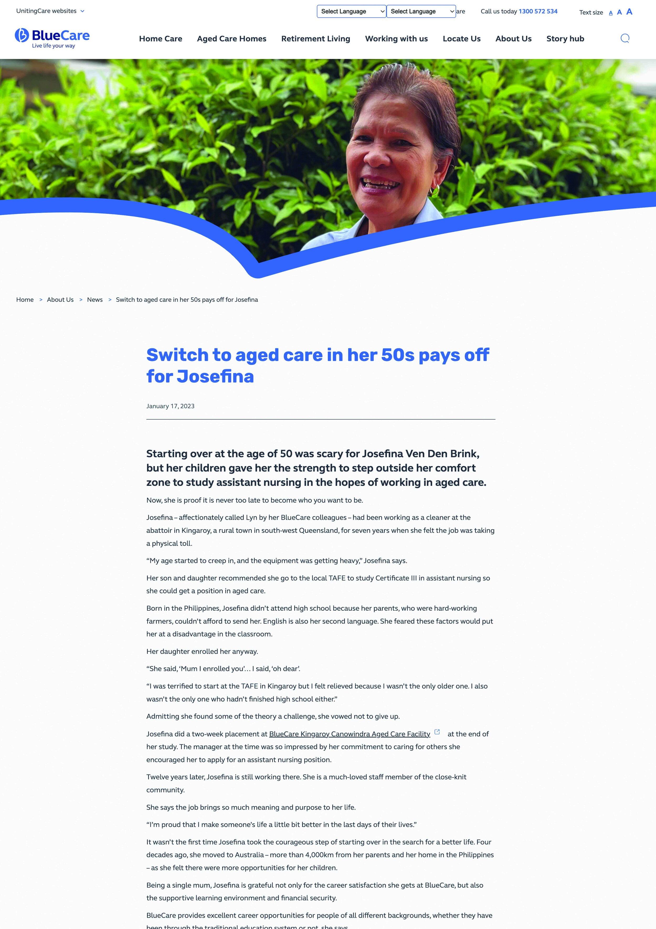 Screenshot of article written for Blue Care.