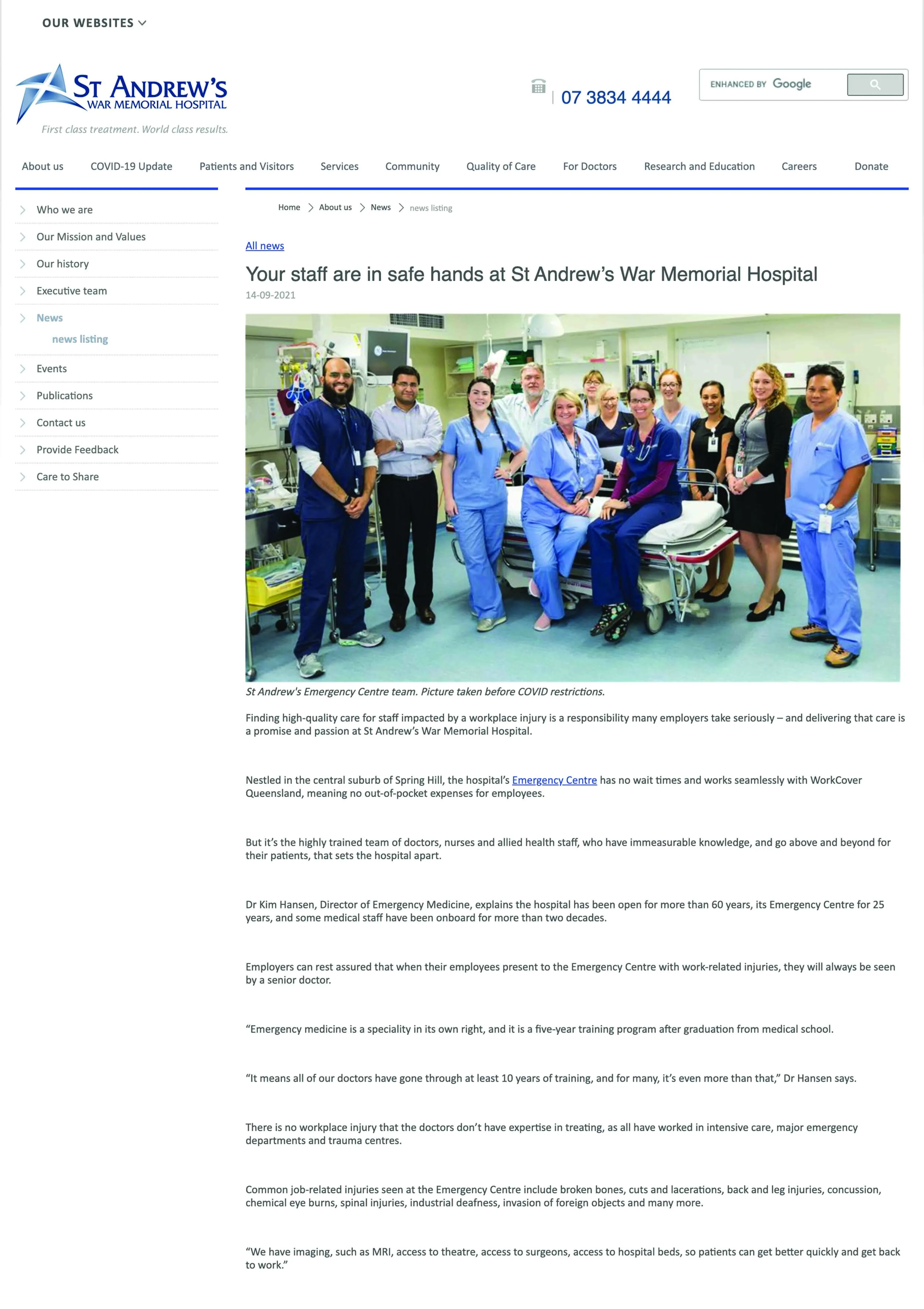 Screenshot of article written for St Andrews Hospital.