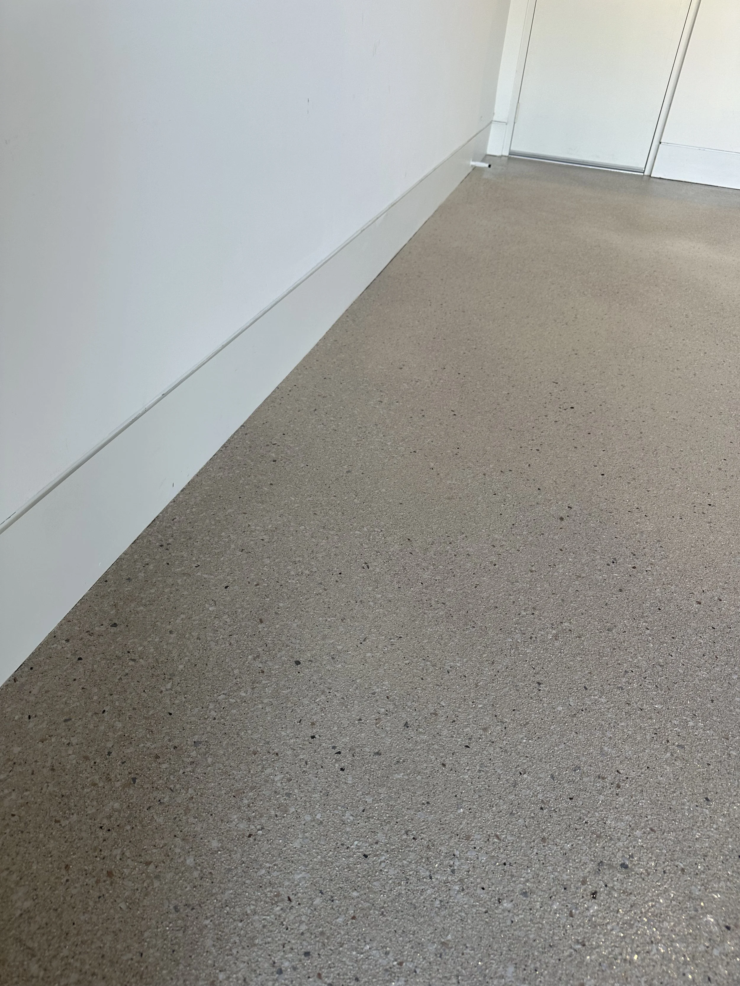 Close-up of beige speckled epoxy office floor near baseboard and door.