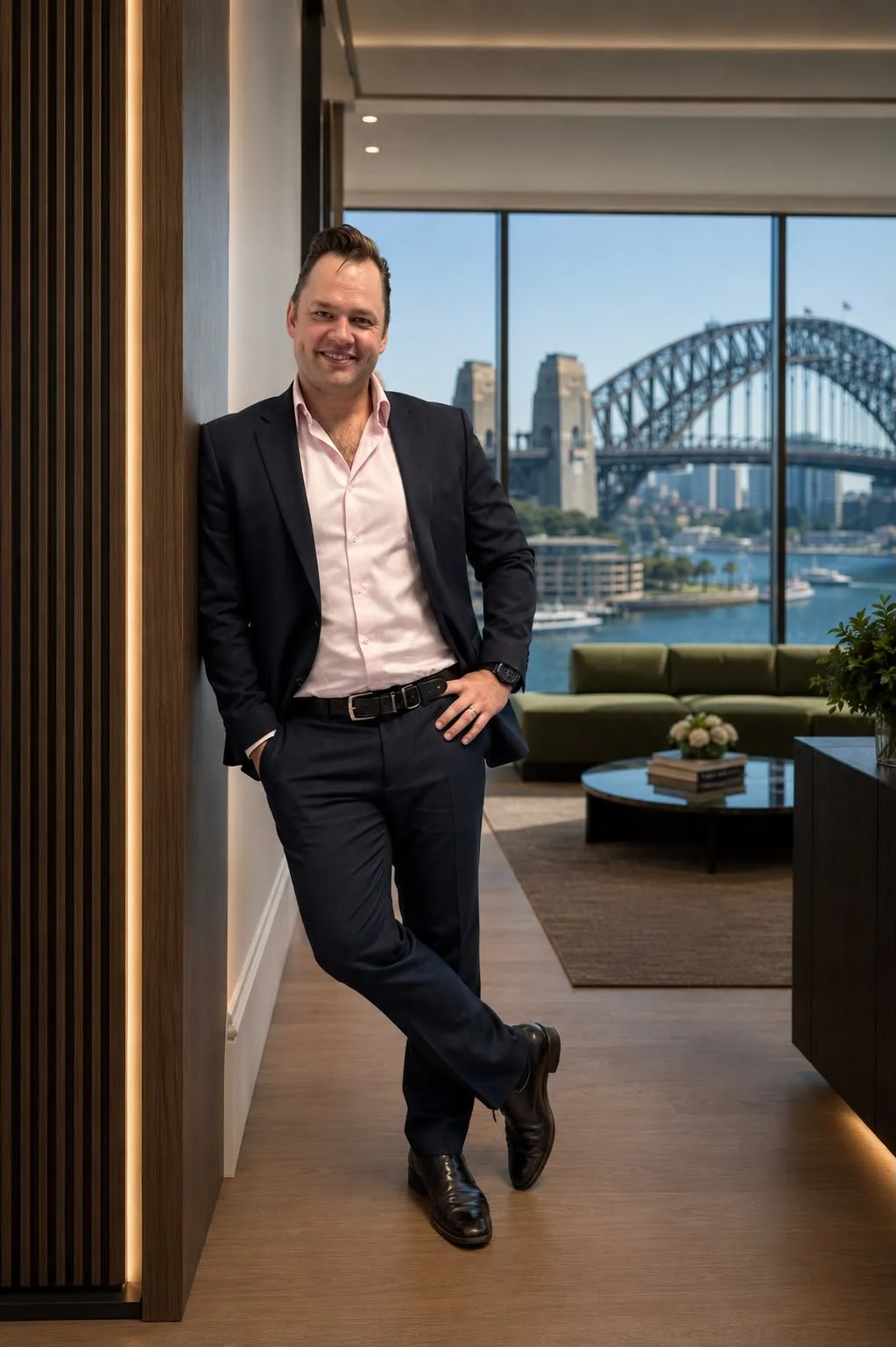 A man in a dark suit and pink shirt, smiling and leaning against a wall in an office with large windows showing the Sydney Harbour Bridge.