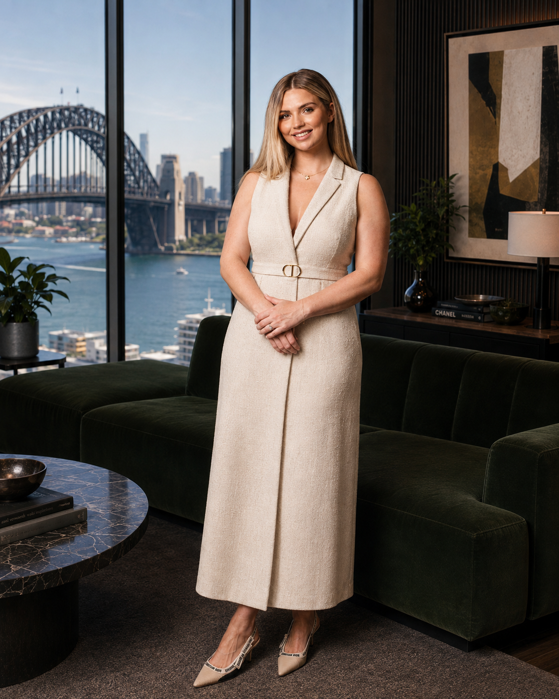 A woman in a sleeveless beige dress with a belt, standing in a modern office with a view of Sydney Harbour Bridge through tall windows, decorated with plants, artworks, and a black velvet sofa.
