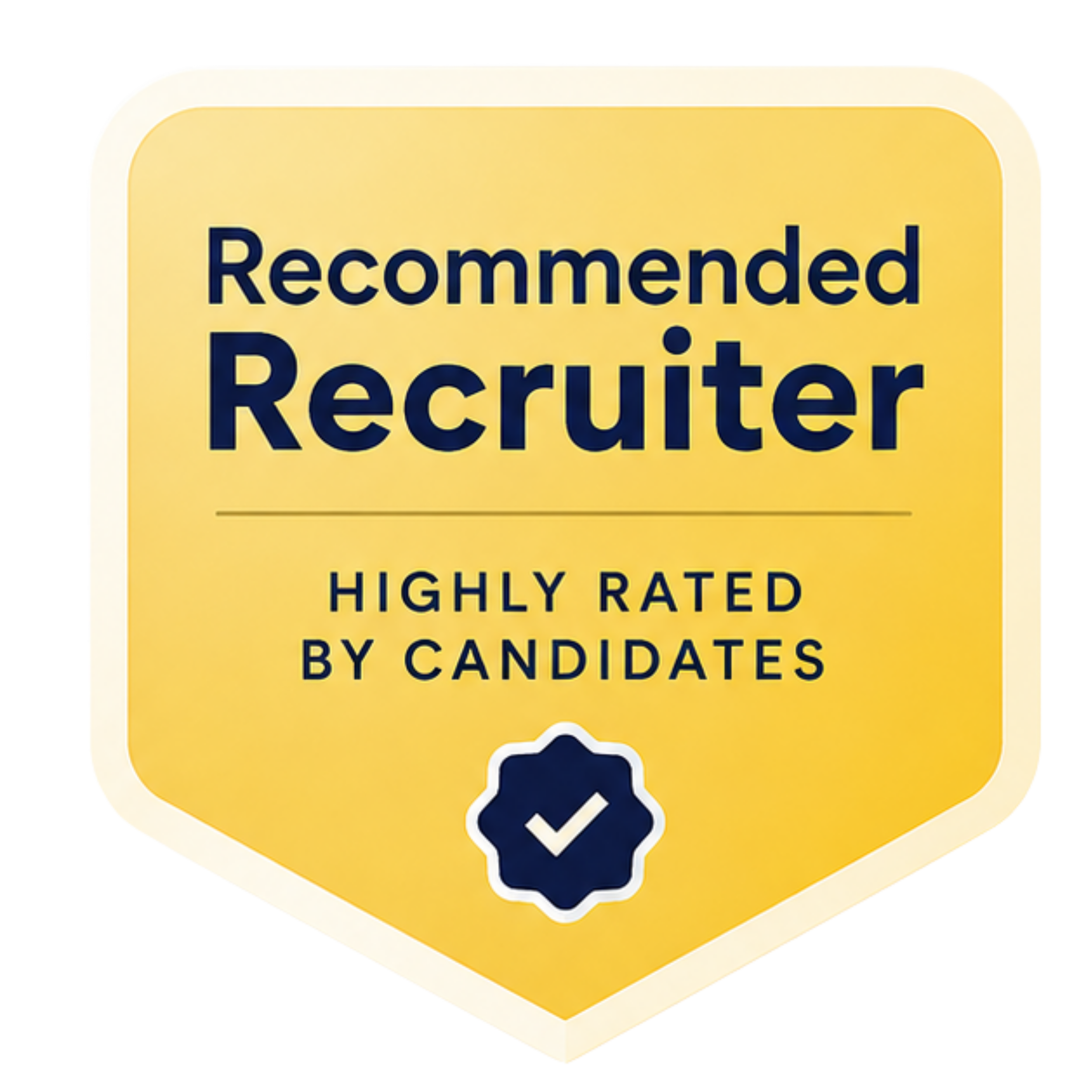 Badge with yellow background and black text that reads 'Recommended Recruiter' and a shield emblem with a checkmark inside.