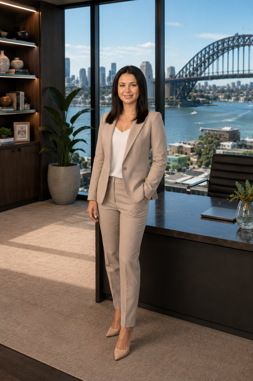 A woman dressed in a beige business suit stands in a modern office with a view of the Sydney Harbour Bridge and city skyline through large windows.