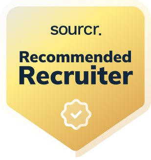 Badge with the text 'sourcr. Recommended Recruiter' on a yellow gradient background.