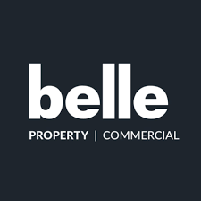 Logo for Belle Property Commercial with white text on a dark background.