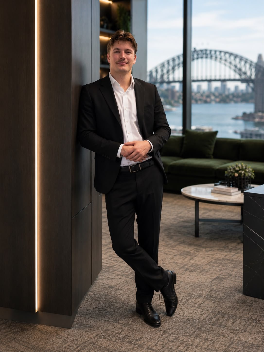 A man in a black suit and white shirt leaning against a wall in a modern office with a view of the Sydney Harbour Bridge and Sydney Opera House in the background.